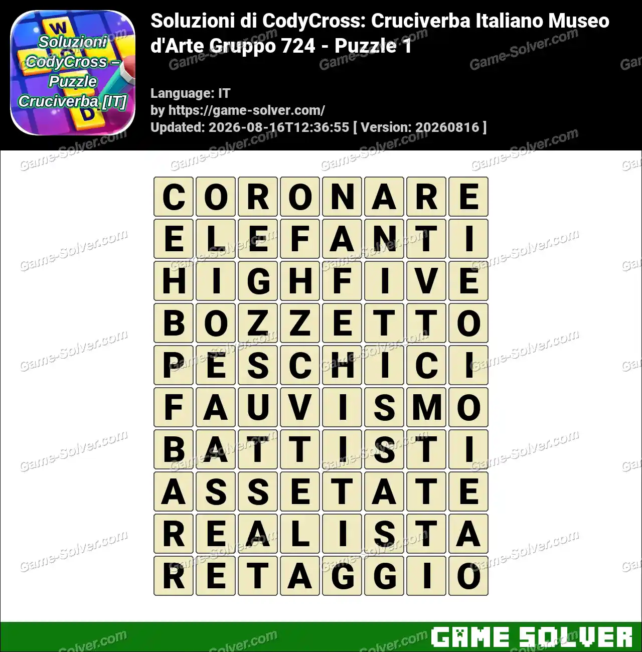 Soluzioni di CodyCross: Cruciverba Italiano Museo d’Arte Gruppo 724 – Puzzle 1